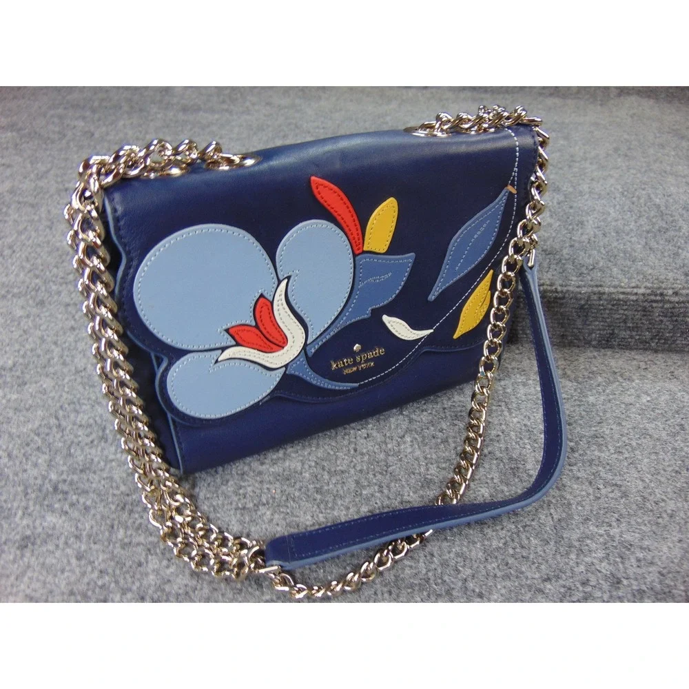 Kate Spade Floral Applique Scalloped Crossbody Bag Navy‎ Blue Gold Chain Strap